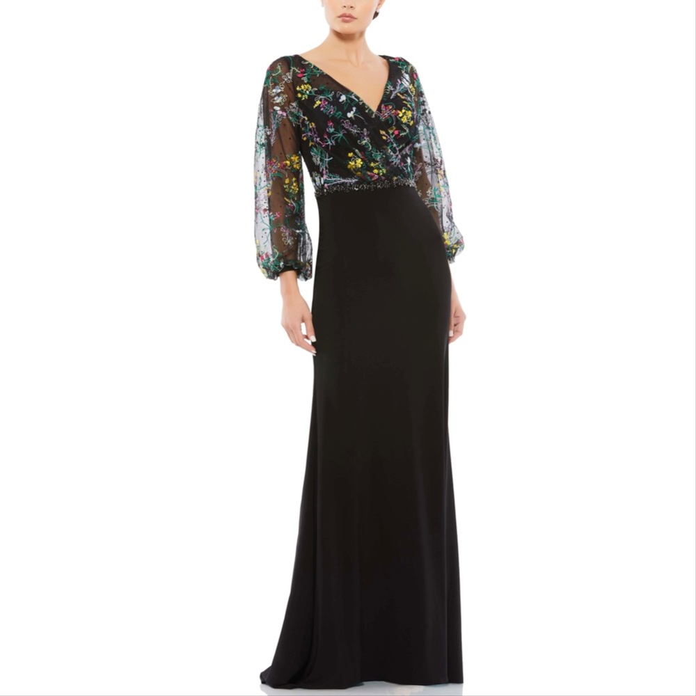 NEW Mac Duggal 79379 Floral Embroidered Illusion Puff Sleeve Gown